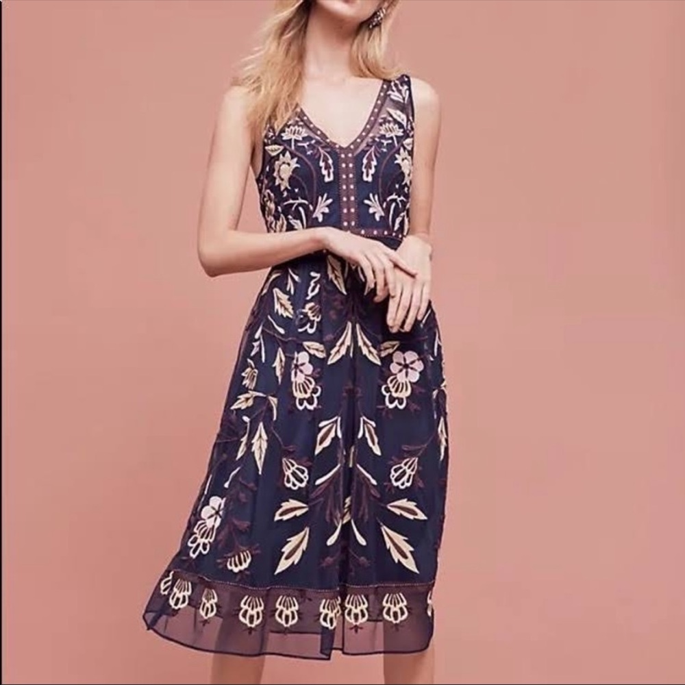 Anthropologie Navy Floral Midi Dress